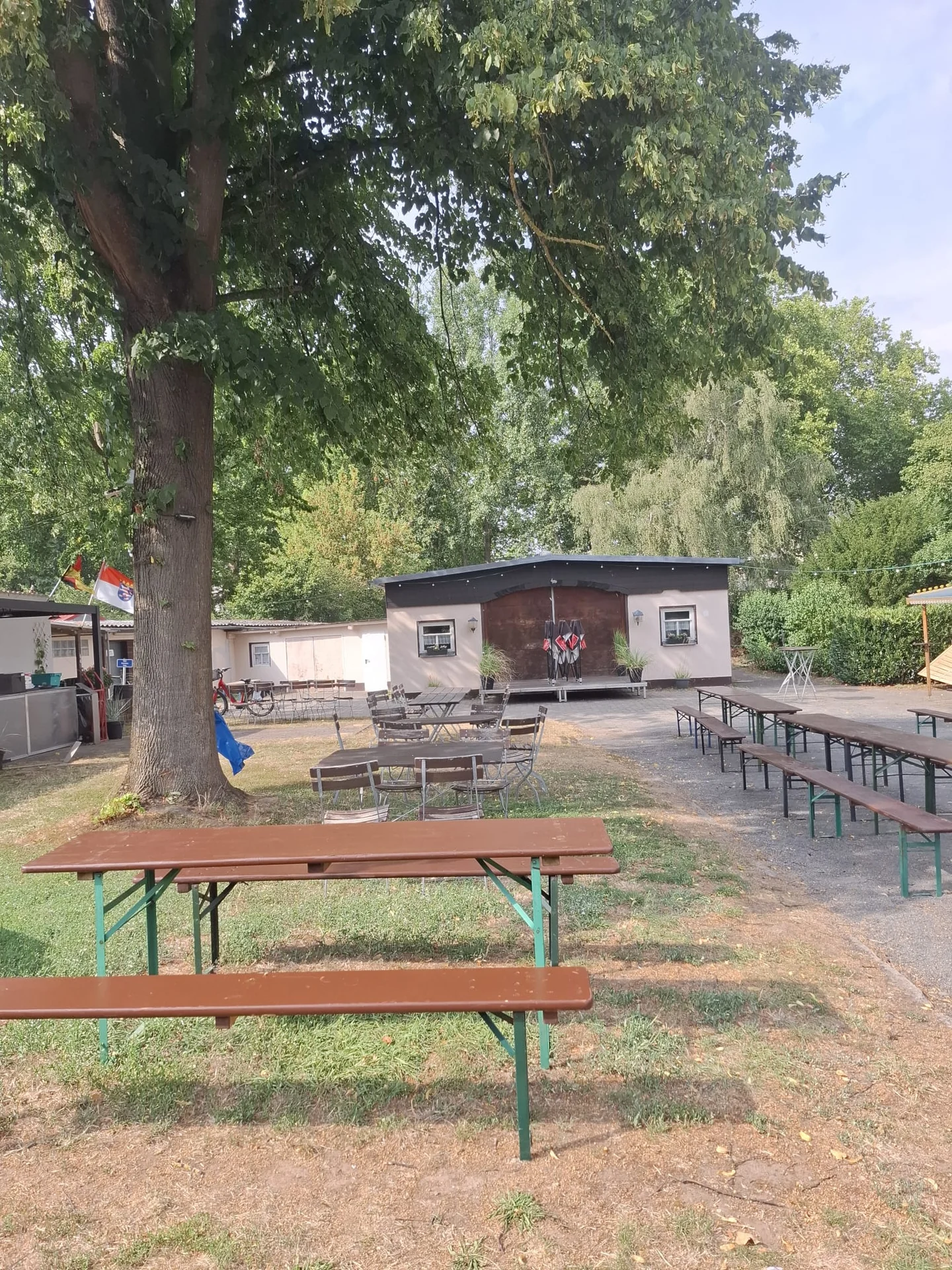 Bierbänke unter einem großen Baum, dahinter ein kleines Gebäude und weitere Sitzplätze
